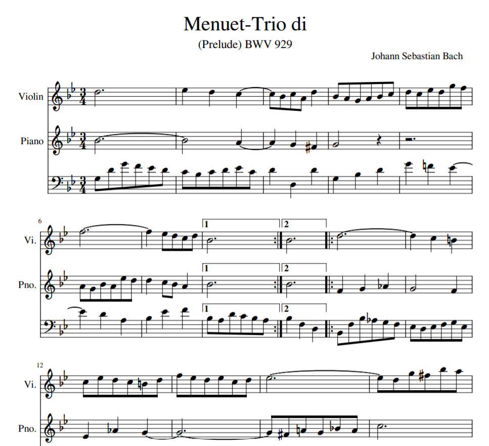 Menuet-Trio di BWV 929 for violin and piano